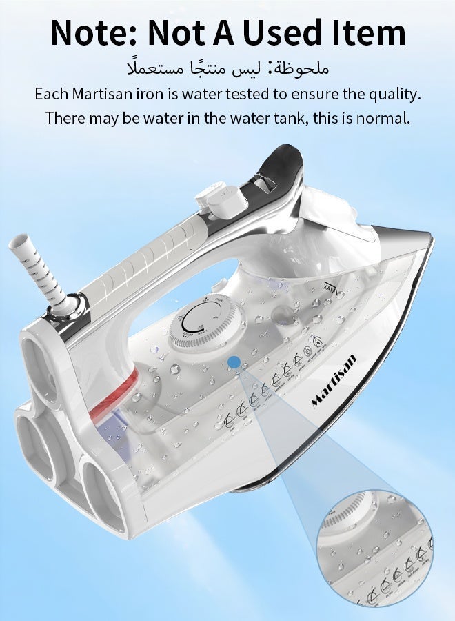 مارتيزان مكواة بخار قوية 3000 واط، قاعدة سيراميك نانو، مكواة 4 في 1، إيقاف تشغيل تلقائي، صندوق مكواة سريع التسخين، كي جاف، رش وتفجير، درجة حرارة قابلة للتعديل، تنظيف ذاتي، مضاد للتنقيط، مضاد للتكلس، خزان مياه كبير 400 مل، أبيض - Image 3
